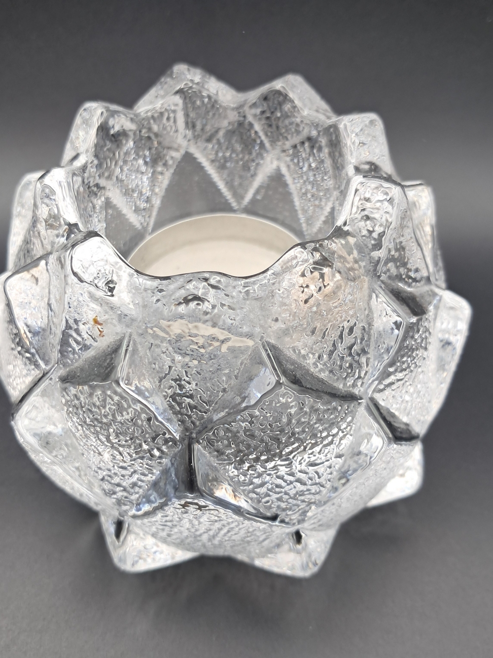 ​Vtg Signed OF Art Glass Votive Candle Holder Clear Textured Ice Star Lotus Heav